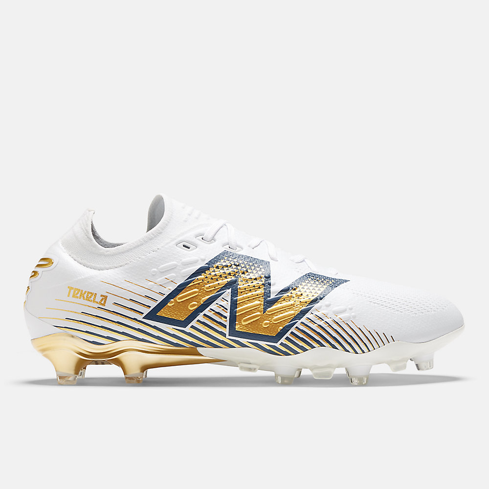 New Balance TEKELA PRO LOW LACED FG V4+ Shoes White with Navy and Gold Metallic